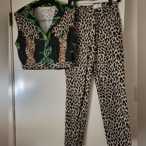 Cache Vintage Denim Leopard pants and vest.